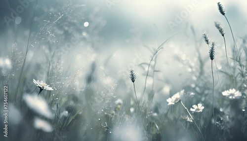 melancholic meadow of swaying grasses and wildflowers in the mist