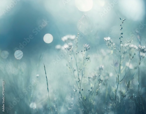 melancholic meadow of swaying grasses and wildflowers in the mist