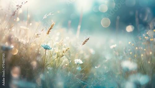melancholic meadow of swaying grasses and wildflowers in the mist