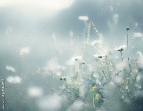 melancholic meadow of swaying grasses and wildflowers in the mist
