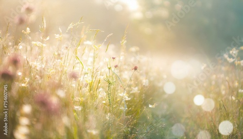 melancholic meadow of swaying grasses and wildflowers in the mist