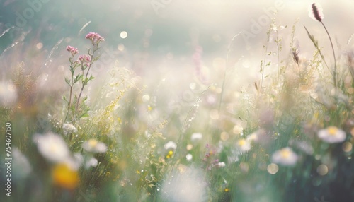 melancholic meadow of swaying grasses and wildflowers in the mist