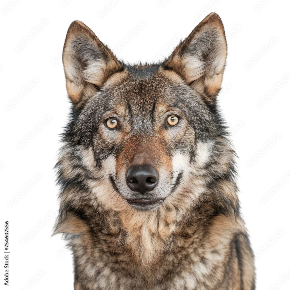 Close up face of a wolf, wildlife animal isolated on transparent background