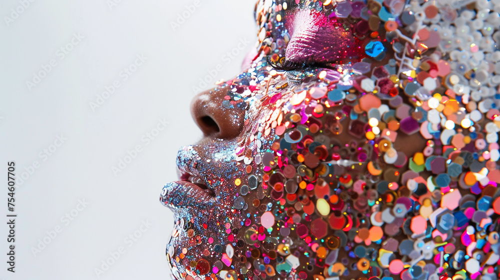 Sparkling glitter makeup arranged in an intricate pattern on a face, shimmering brightly