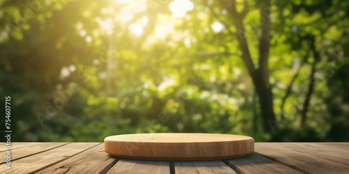 Natural wood round podium on a wooden surface with a serene forest background  ideal for organic product display.