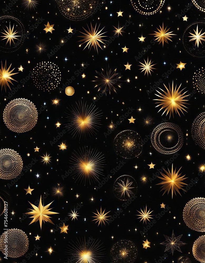 Gold stars and planets on a black background. Gold stars and planets on a black background.