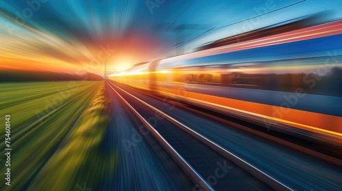 Pociąg przemierza tory przez wiejską okolicę w zachmurzonym zachodzie słońca. Kolejne wagony suną przez malownicze pola i pagórki, tworząc dynamiczny obraz podróży. © Artur