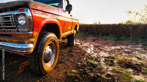 Close Up View Looking Down Length of Rusty Dirty Red Pick-Up Truck in Muddy Dirt Ground