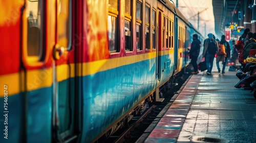 Grupa ludzi wsiadających do kolorowego pociągu w stylu vintage, na peronie.