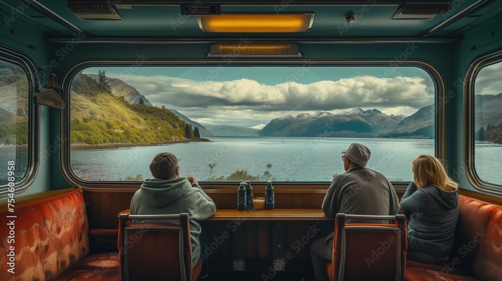 Grupa starszych przyjaciół siedzi w starym wagonie vintage przy stoliku z drewna i patrzy na wielkie jezioro i góry - obrazy, fototapety, plakaty 