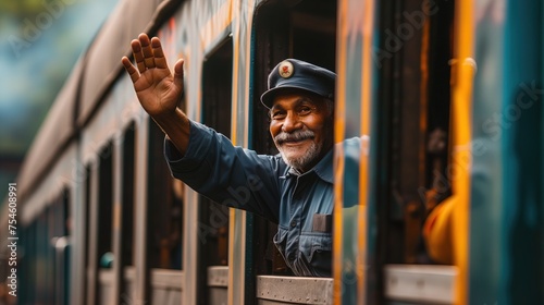 Starszy przyjazny konduktor z azji machający z okna pociągu, jest uśmiechnięty i ma siwe wąsy oraz brodę.