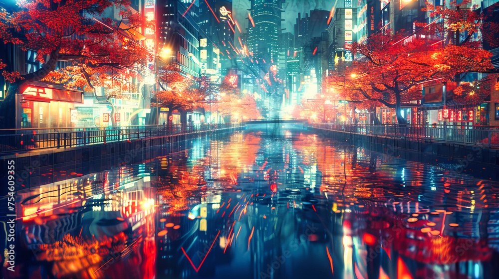 Rainy Night in the City: A Street Awash with Colorful Reflections, Blending Urban Life with Artistic Imagination
