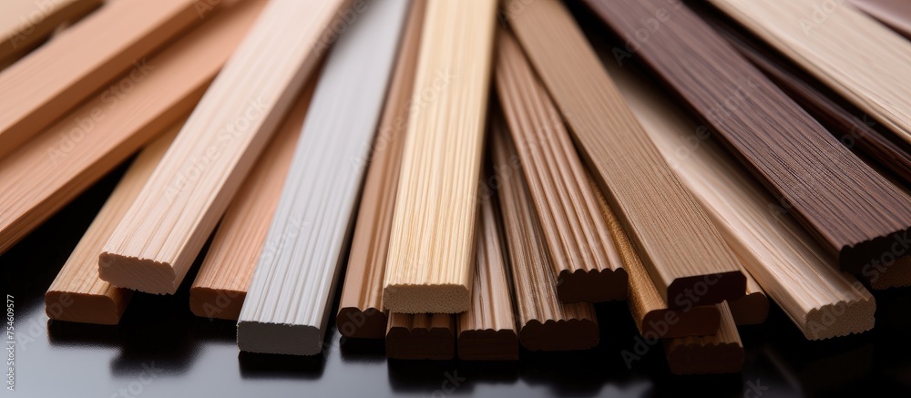 This close-up showcases a diverse collection of wood planks, including wood plastic composite sticks used for furniture. The different grains, textures, and colors of the wood are prominently This close-up showcases a diverse collection of wood planks, including wood plastic composite sticks used for furniture. The different grains, textures, and colors of the wood are prominently
