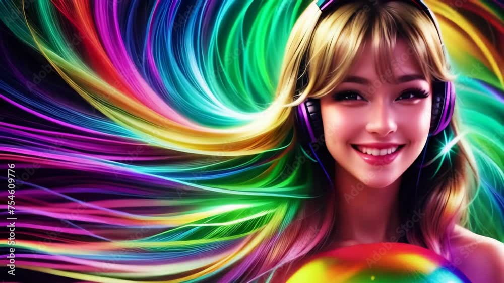 Woman Listening to Music With Headphones Against Colorful Background Generative AI