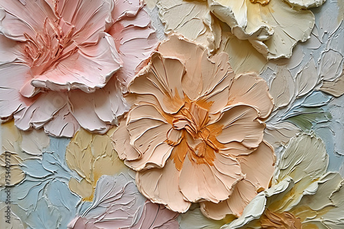 painting on canvas of flowers in a neutral color, in the style of soft sculptures, use of impasto technique, light pink and light orange, close-up, colorful woodcarvings, textured paint layers