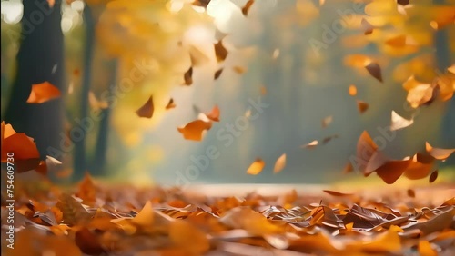 Autumn leaves flying through the air against a soft blurry forest background photo