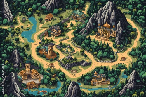 Pixelated village for game map. pixel map in the game. pixelated village maps in the game. Pixel art concept of village. Abstract pixelate landscape background. photo