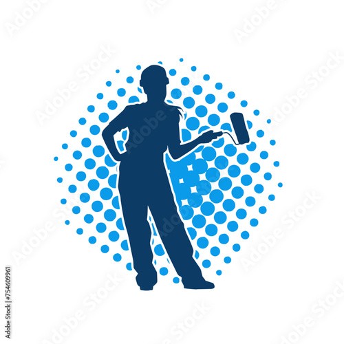 Silhouette of a female worker carrying painting tool. Silhouette of a woman painter worker in pose.