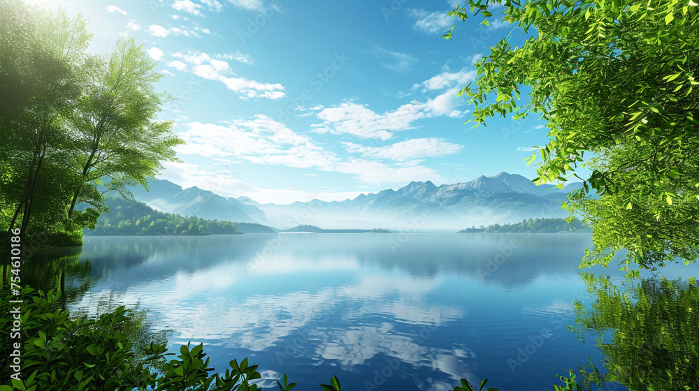  A serene lakeside scene with lush greenery, reflecting the clear blue sky and distant mountains with high resolution