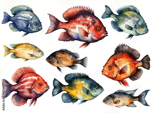 fish watercolor fish, hand drawn set