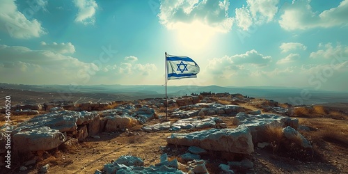 Israel flag waving on a pole, sky background. AI generative