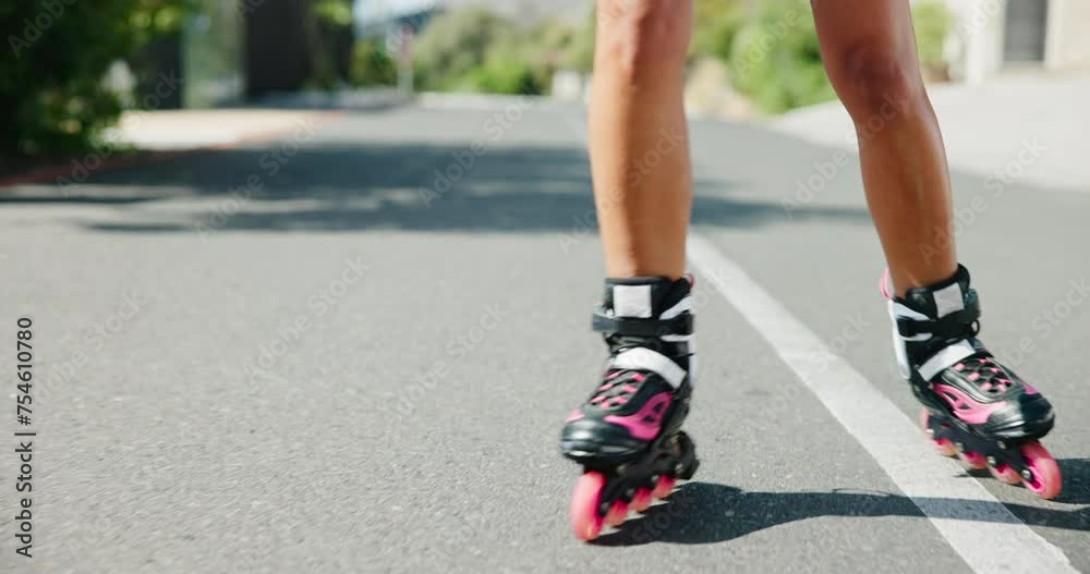 Roller blade, feet and person with fun in the street for travel, adventure and learning or outdoor activity. Closeup or zoom of a legs with rollerblading hobby on asphalt road for journey and balance Roller blade, feet and person with fun in the street for travel, adventure and learning or outdoor activity. Closeup or zoom of a legs with rollerblading hobby on asphalt road for journey and balance