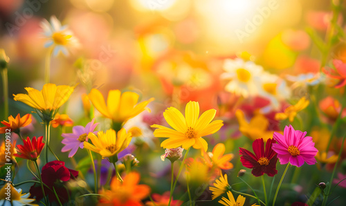 spring or summer garden background in closeup macro view or flowers meadow field in morning light, Generative AI  © simba kim