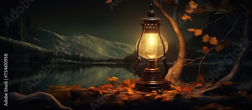 A lamp sitting on a bed of leaves, casting a warm glow on the foliage. The leaves surrounding the lamp appear illuminated in the darkness.