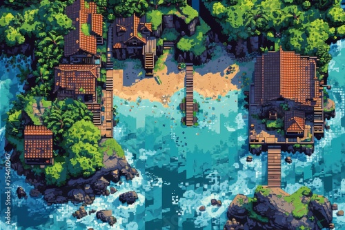 Pixelated village for game map. pixel map in the game. pixelated village maps in the game. Pixel art concept of village. Abstract pixelate landscape background.