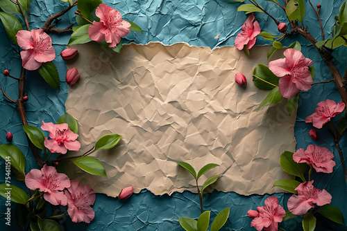 top view angle shot, gradient background with floral margins, old paper colors, clean interior, mockup 
