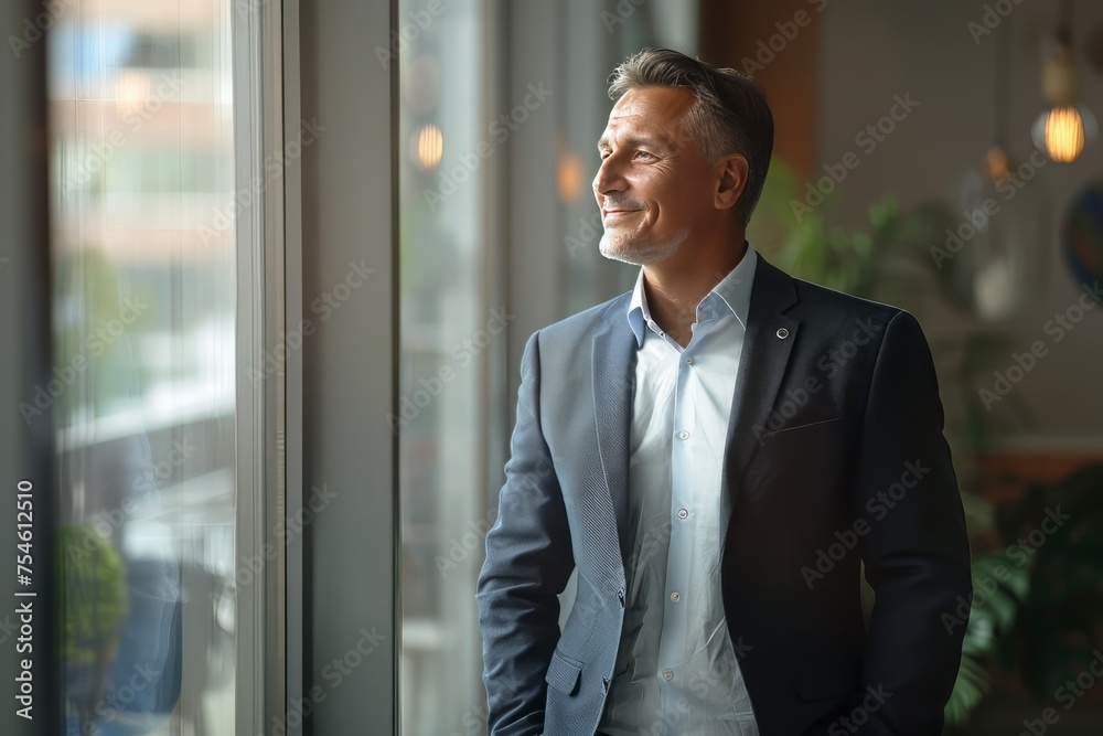 Happy business man wearing suit standing in office Happy business man wearing suit standing in office