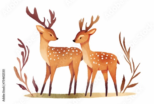 Abstract watercolor deer family and plants nature illustration 