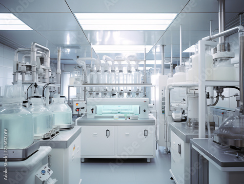 A laboratory with many glass containers and a white counter © pat