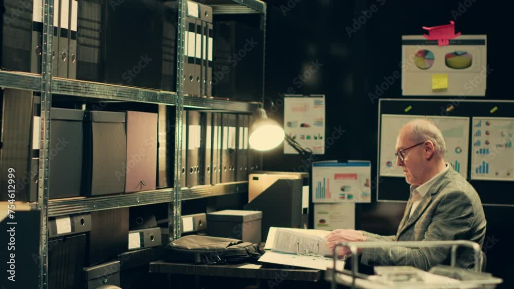 Private investigator organizes archived files for easy access, searching for old file cases to cross reference data. Law enforcement agent looking for classified folders in archive room. Camera A.