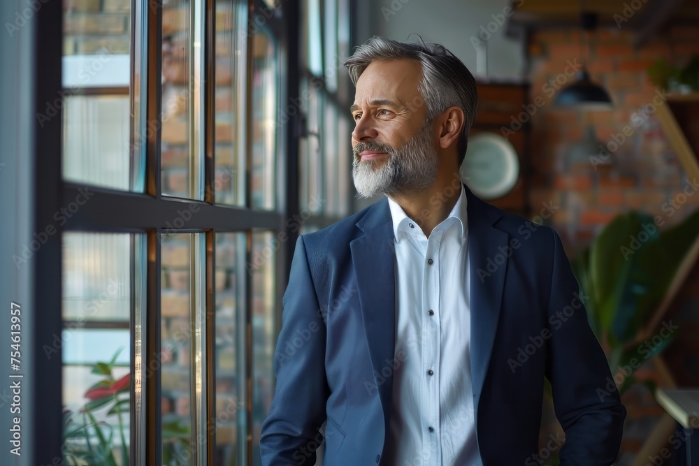Happy business man wearing suit standing in office Happy business man wearing suit standing in office