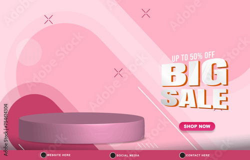 big sale discount template banner with blank space 3d podium for product sale with abstract gradient pink and white background design