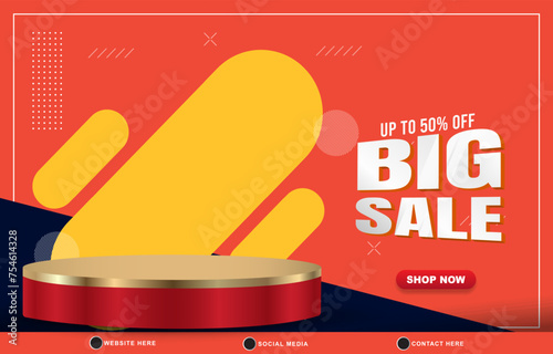 big sale discount template banner with blank space 3d podium for product sale with abstract gradient red and orange background design