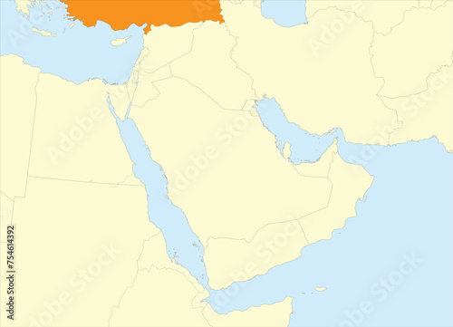Orange map of TURKEY  T  RKIYE  inside beige map of the Middle East