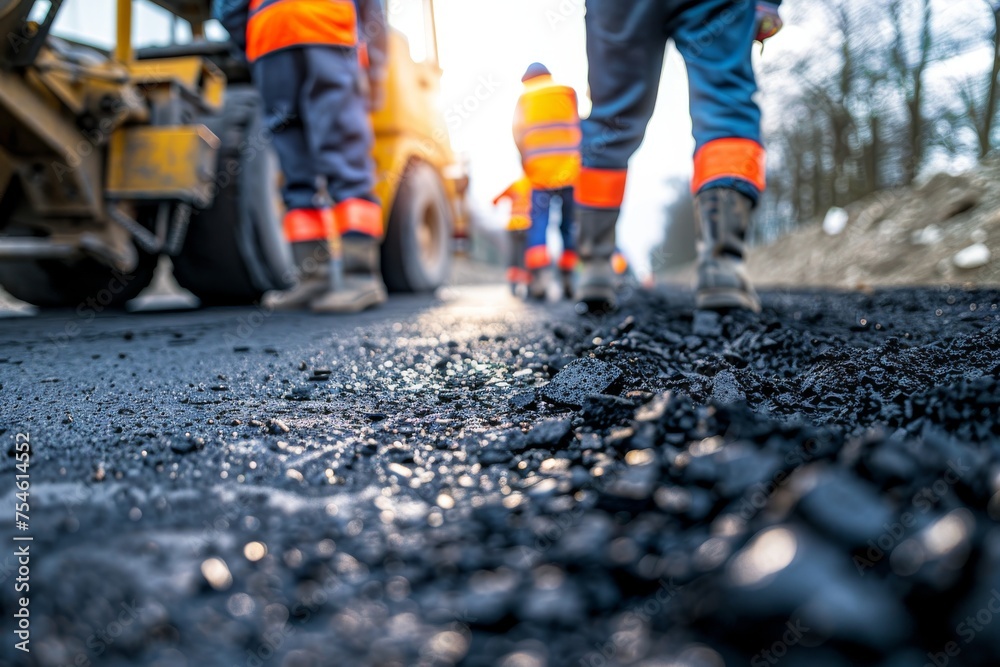 Workers in orange vests repairing road, worker with shovel on asphalt Workers in orange vests repairing road, worker with shovel on asphalt