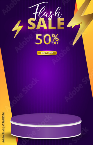 flash sale discount template banner with blank space 3d podium for product sale with abstract gradient purple and orange background design2