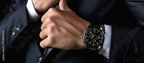 Business man in suit close up on hand wearing luxury watch