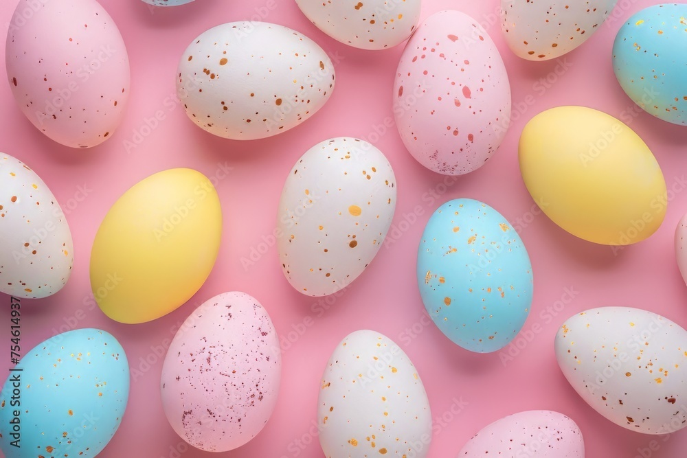 Top view photo of white pink blue and yellow eggs on isolated background.Easter party concept