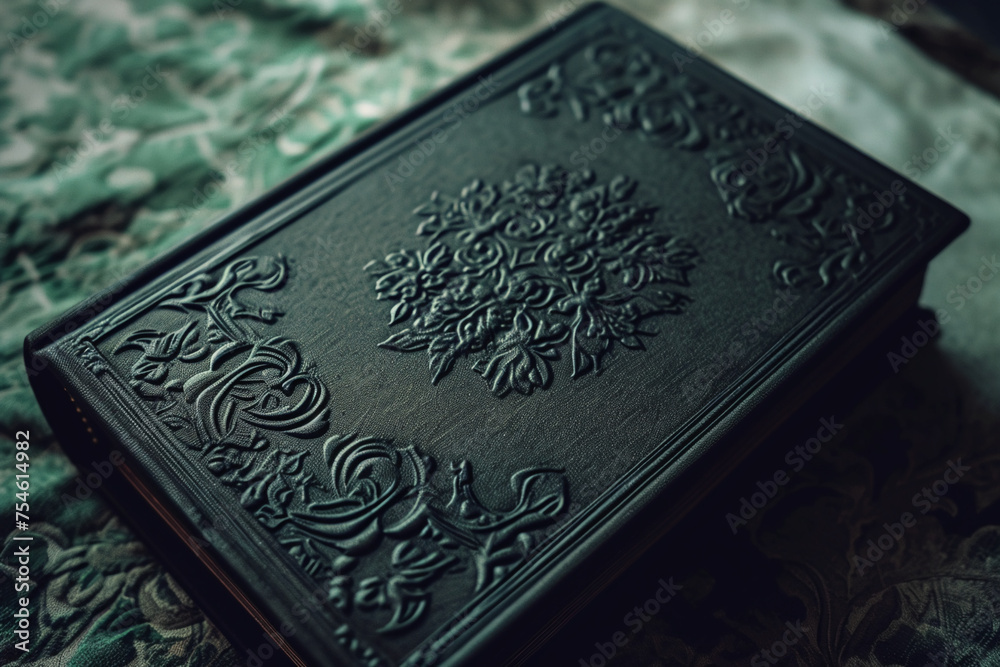 a black hardcover book with a green cover, in the style of victorian engravings, textured shading, symmetrical arrangement a black hardcover book with a green cover, in the style of victorian engravings, textured shading, symmetrical arrangement