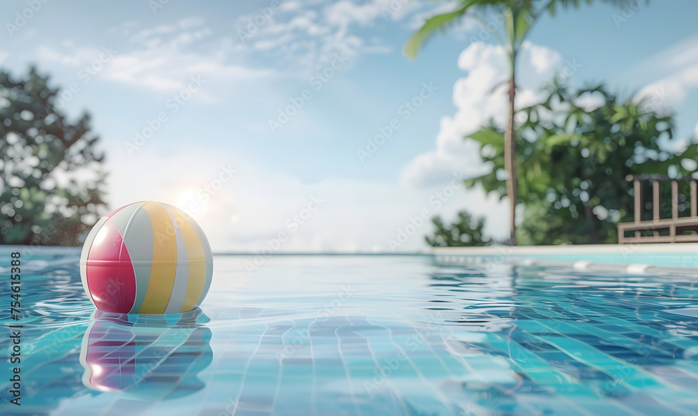 Summer background with colorful beach ball floating on swimming pool,  Generative AI 