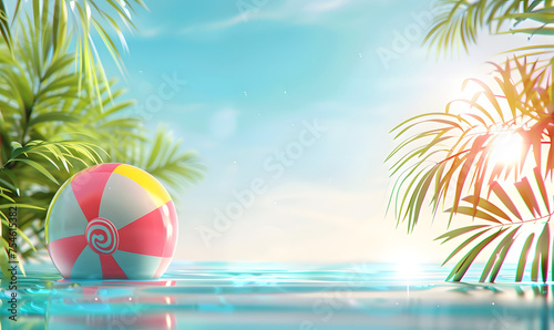 Summer background with colorful beach ball floating on swimming pool, Generative AI 