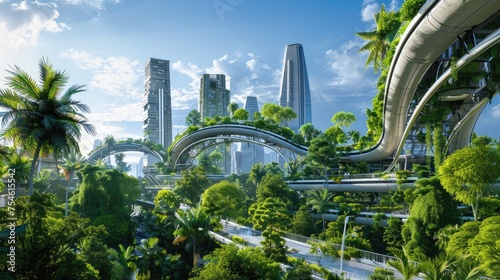 Futuristic urban landscape combined with lush greenery, concept of sustainable urban living.
