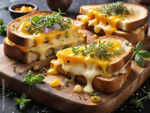 homemade toast with cheese sauce and herbs.