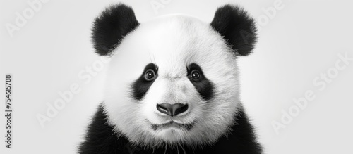 The image features the distinct black and white coloring of a panda bears face, set against a plain white backdrop. The pandas facial features, including its eyes, nose, and round ears, are clearly
