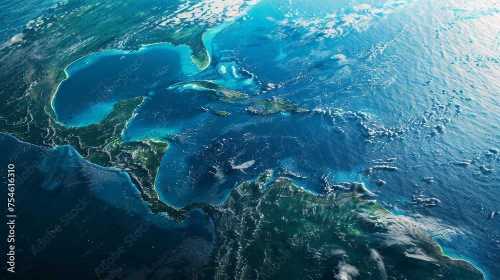 Fototapeta premium Aerial view of a Caribbean island chain - High angle shot showcasing the vivid blues and greens of a tropical Caribbean archipelago surrounded by ocean waters