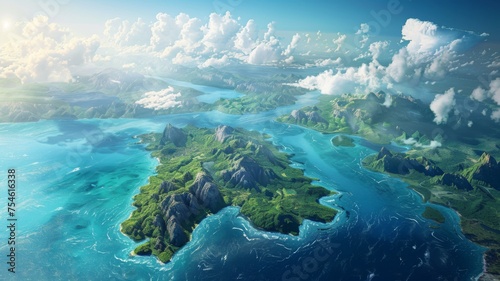 Aerial view of lush green islands with clouds - This stunning aerial view captures lush green islands surrounded by turquoise waters and decorated with fluffy clouds overhead
